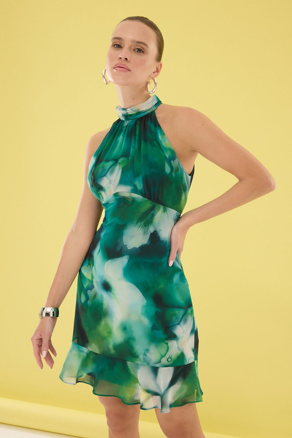 Yesil Sal Desen A Kesim F?rf?rl? K?sa / Mini Dokuma Elbise TWOSS23EL02293