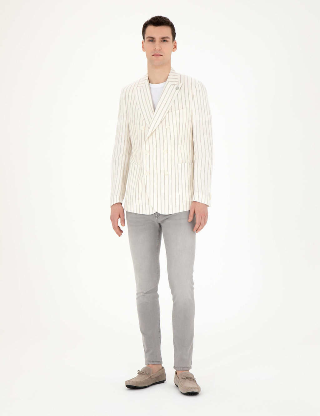 Ekru Slim Fit _izgili Keten Kruvaze Ceket