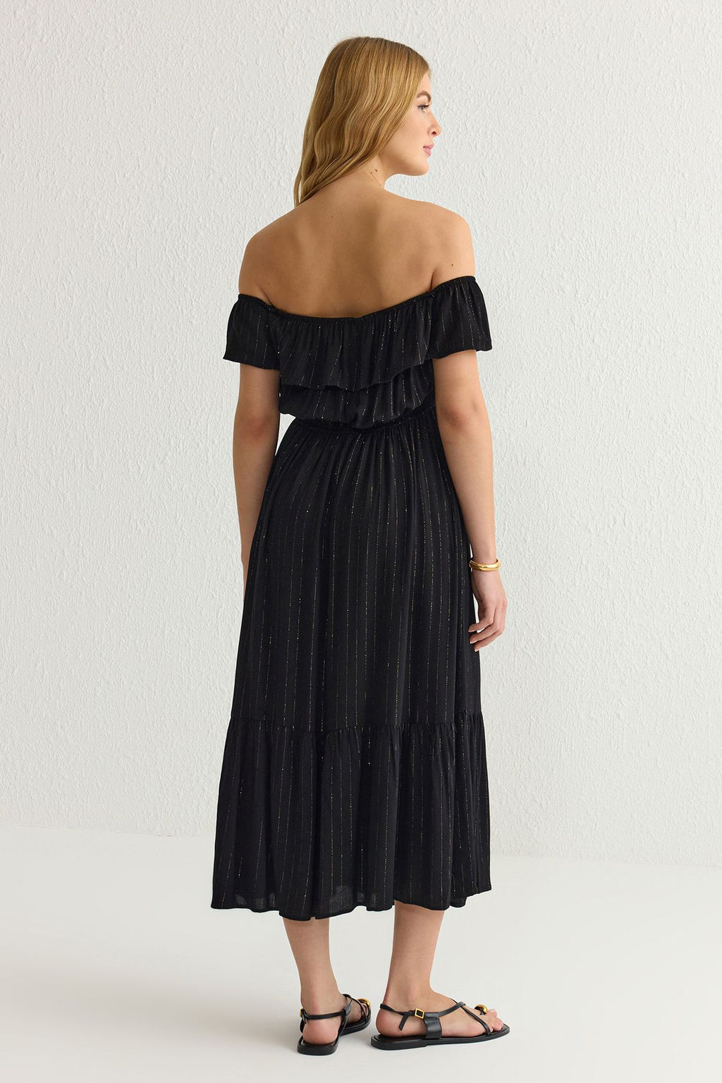 TRENDYOLMILLA Siyah Cizgili Etegi Belden Ac?lan Simli Kumas Midi Dokuma Elbise TWOSS25EL00020 фото 5