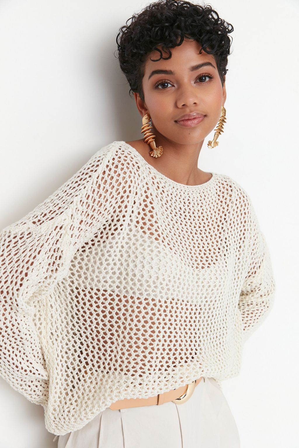 Ekru Ekstra Genis Kal?p Pamuklu Ajurlu/Delikli Triko Kazak TWOAW20FV0184