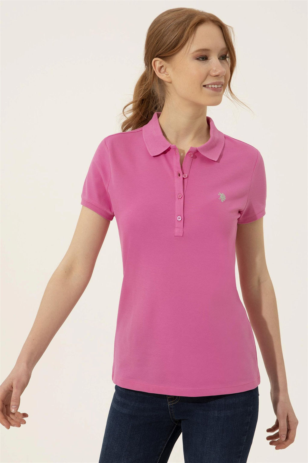 Женская розовая футболка с воротником поло Basic - U.s. polo assn фото 9