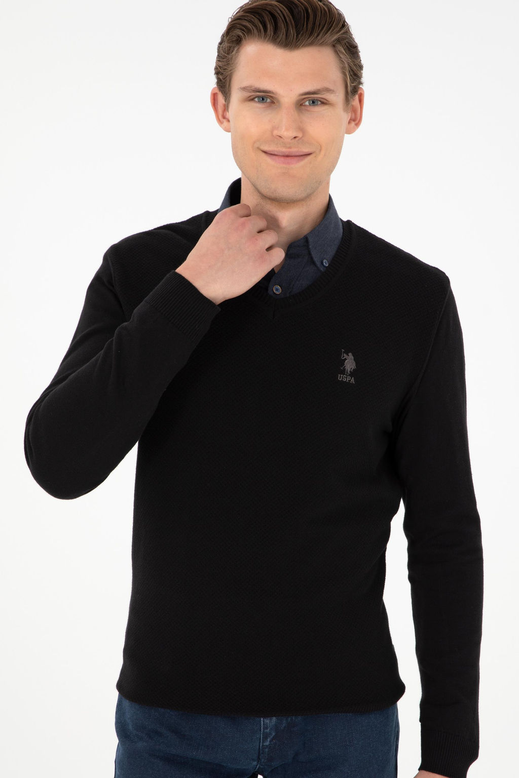 Erkek Slim Fit V Yaka Siyah Basic Kazak