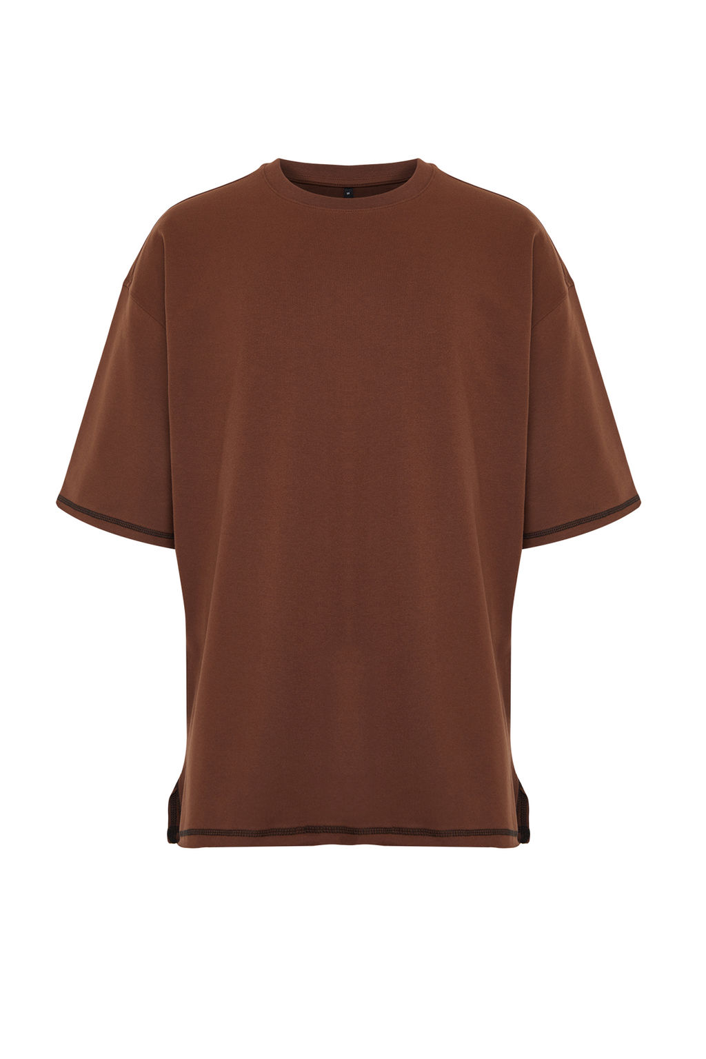 Kahverengi Oversize Dikis Detayl? %100 Pamuklu T-Shirt TMNSS24TS00094
