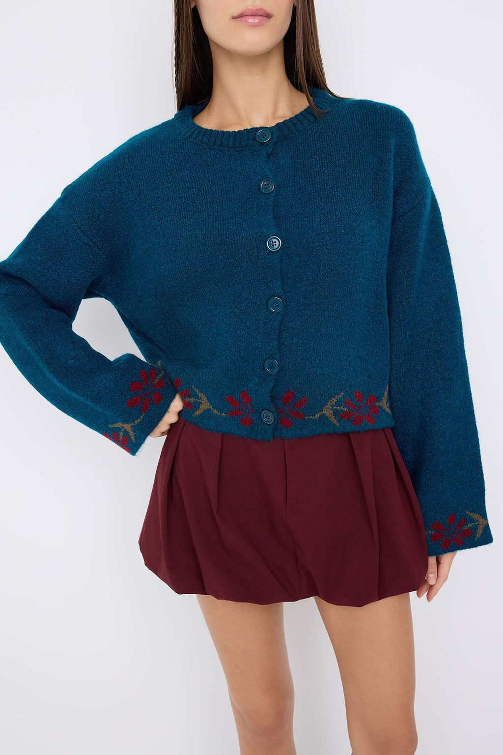 Kahverengi Yumusak Dokulu Cicek Desenli Triko H?rka TWOAW26HI00152 - Trendyolmilla фото 11