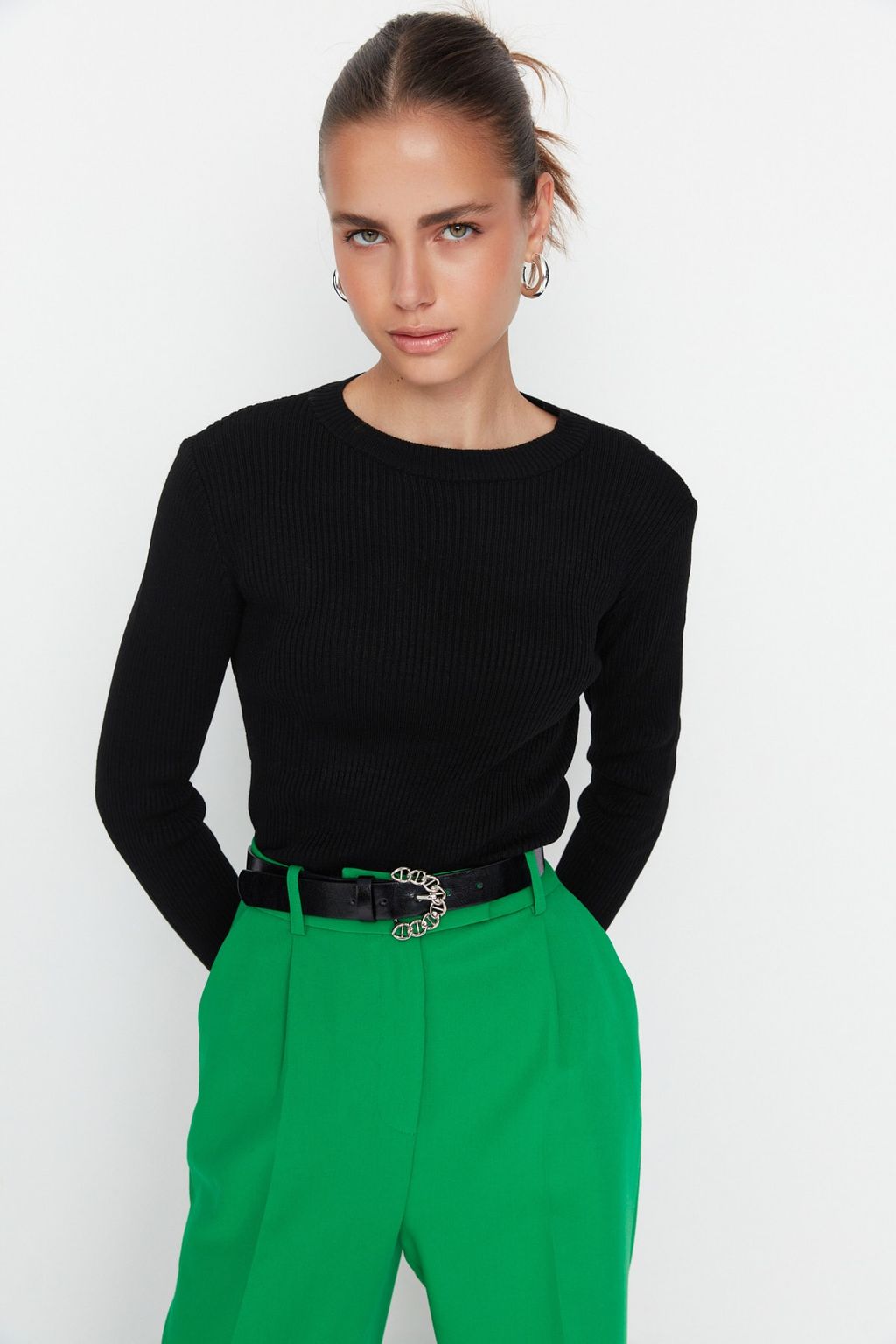 Siyah Basic Fitilli Triko Kazak TWOAW22KZ1708