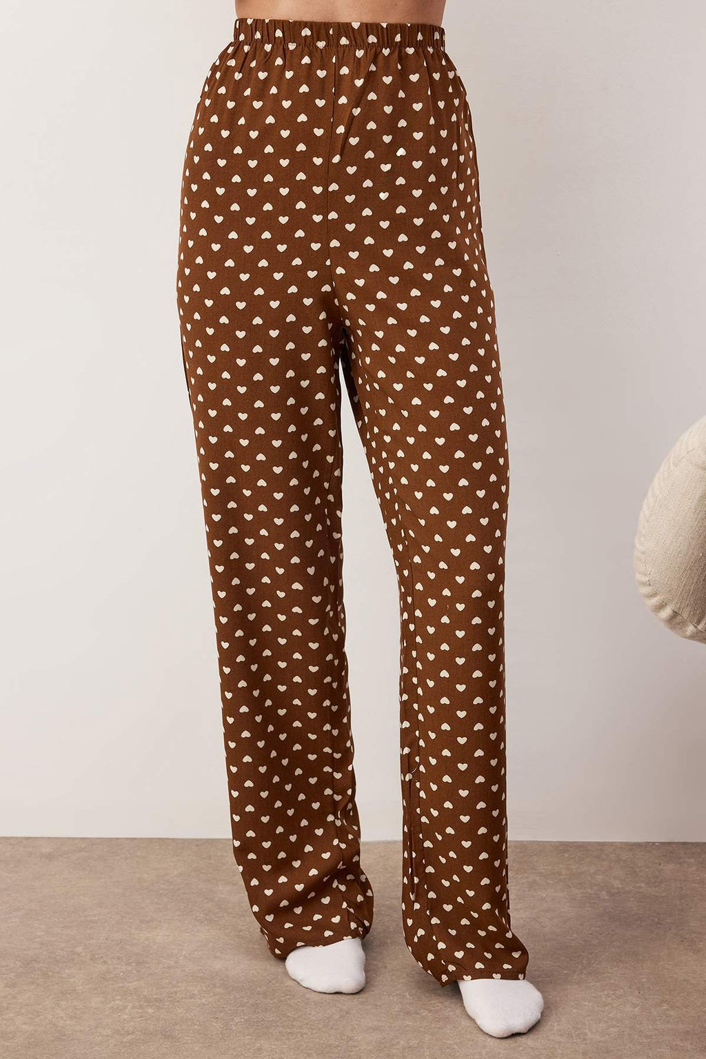 Koyu Kahverengi Kalp Viskon Dokuma Pijama Tak?m? THMAW22PT0300