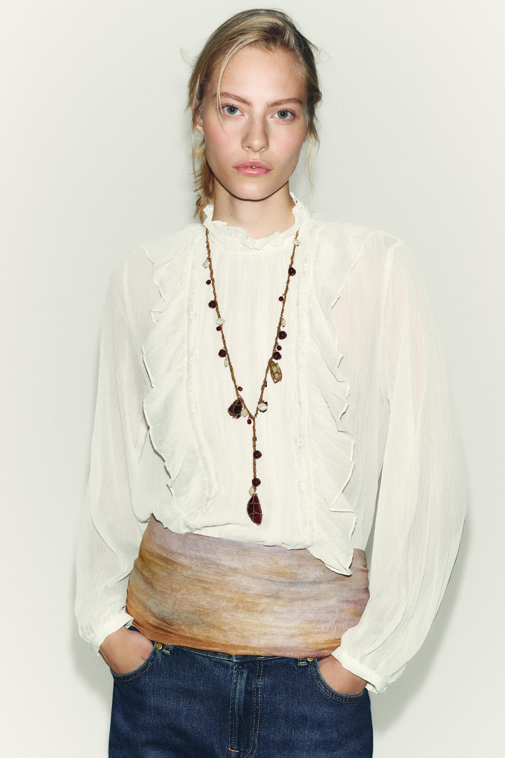 COTTON GAUZE BLOUSE WITH RUFFLE AND LACE TRIMS - Zara фото 2