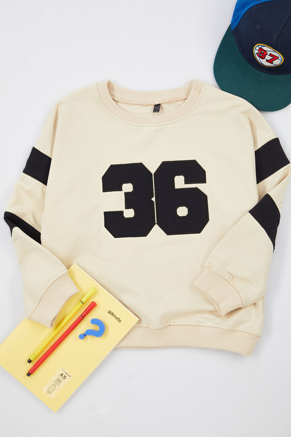 Bej Erkek Cocuk Mevsimlik-Ince Renk Bloklu Pamuklu Bisiklet Yaka Orme Sweatshirt TKDAW25SW00005