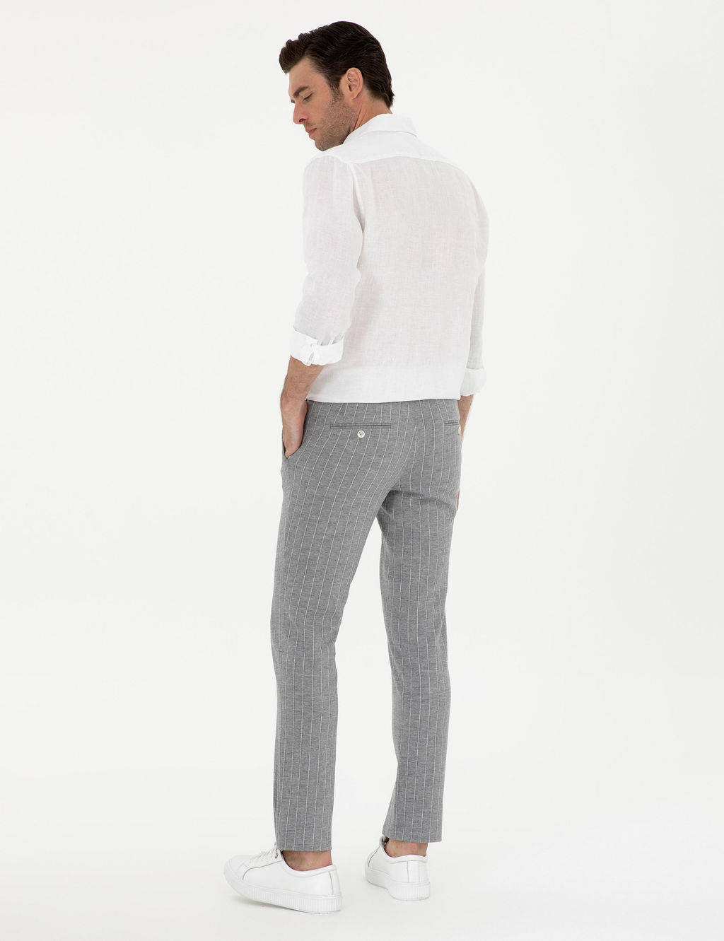 A__k Gri Slim Fit Y_n Kar___ml_ _izgili Pantolon