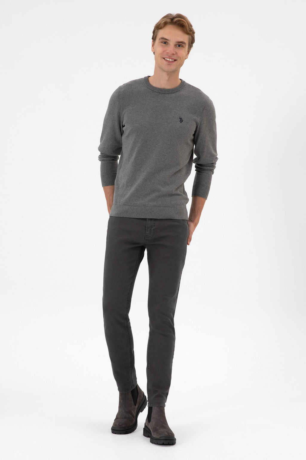 Erkek Slim Fit Bisiklet Yaka Gri Melanj Basic Kazak