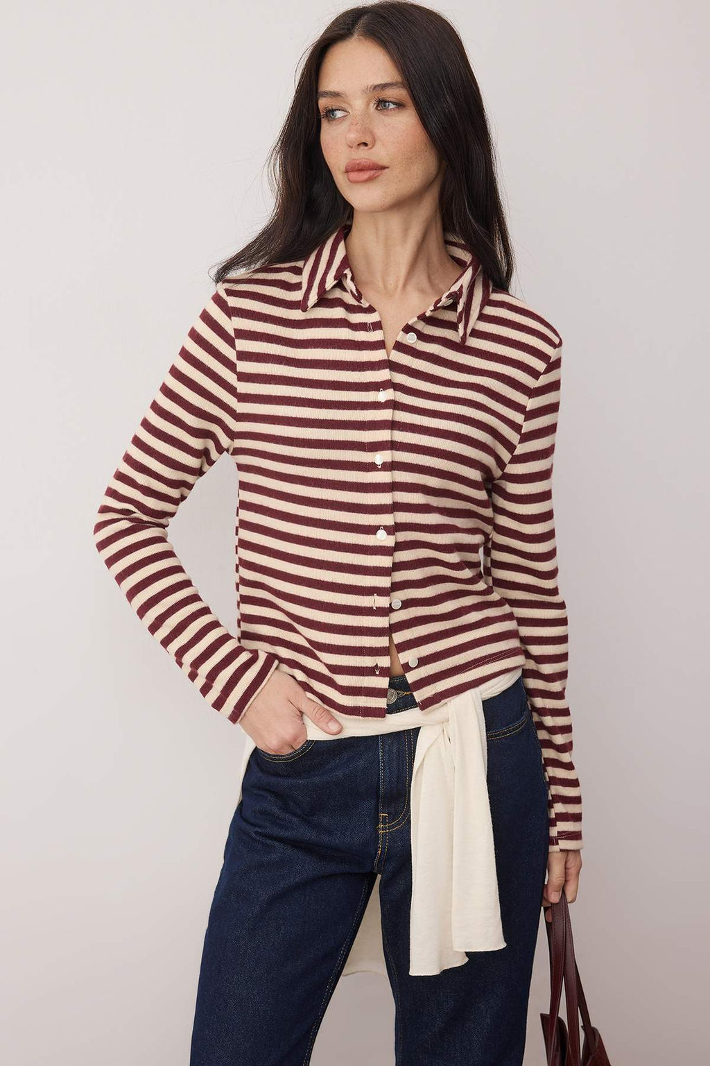 Ekru Cizgili Selanik Dugmeli Fitted/Vucuda Oturan Polo Yaka Orme Bluz TWOAW26BZ00342