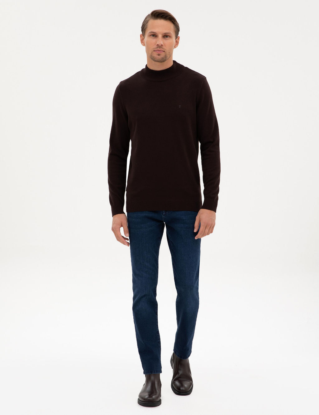 Koyu Kahverengi Slim Fit Yar_m Bal_k__ Yaka Basic Triko Kazak - Pierre cardin фото 4