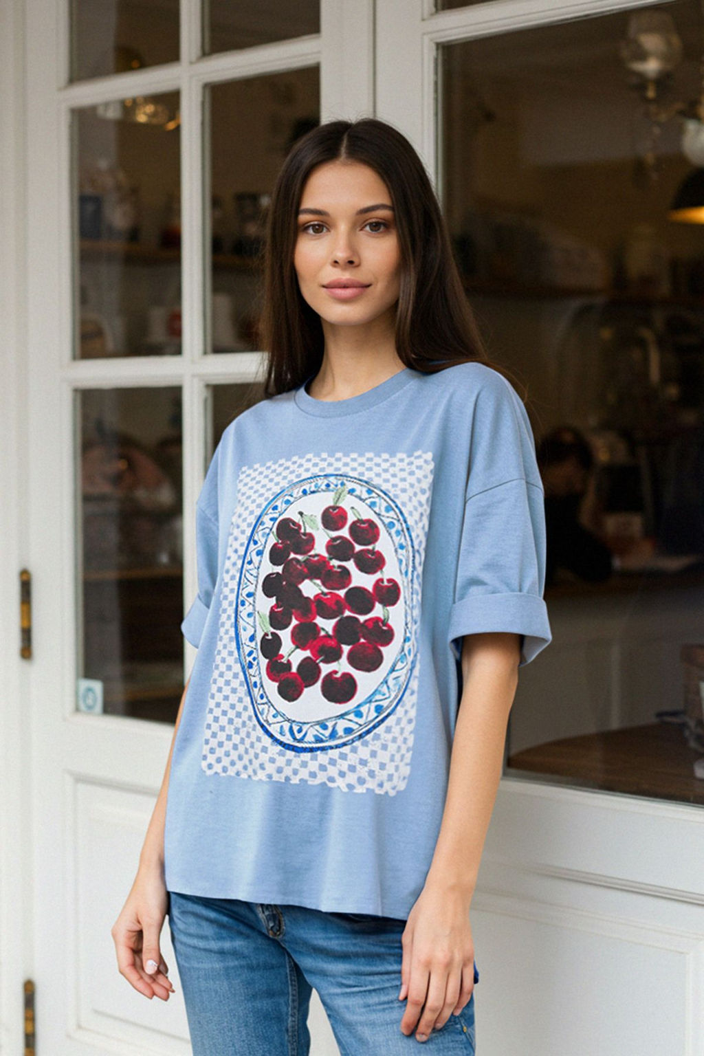 TRENDYOLMILLA Beyaz %100 Pamuk Oversize/Genis Kal?p Bask?l? Orme T-Shirt TWOSS25TS00101  фото 9
