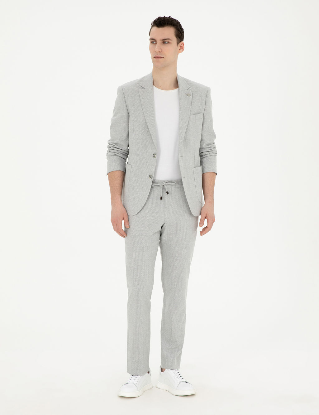 Gri Slim Fit Keten Kar___ml_ _izgili Tak_m Elbise