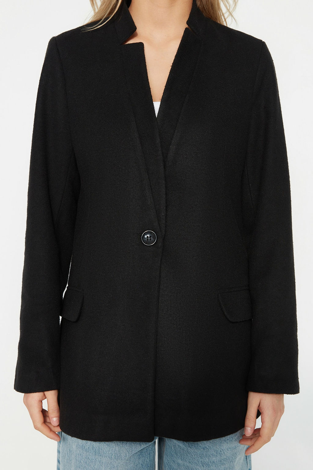 Siyah Kapamas?z Yunlu Kase Ceket Kaban TWOAW23KB00304