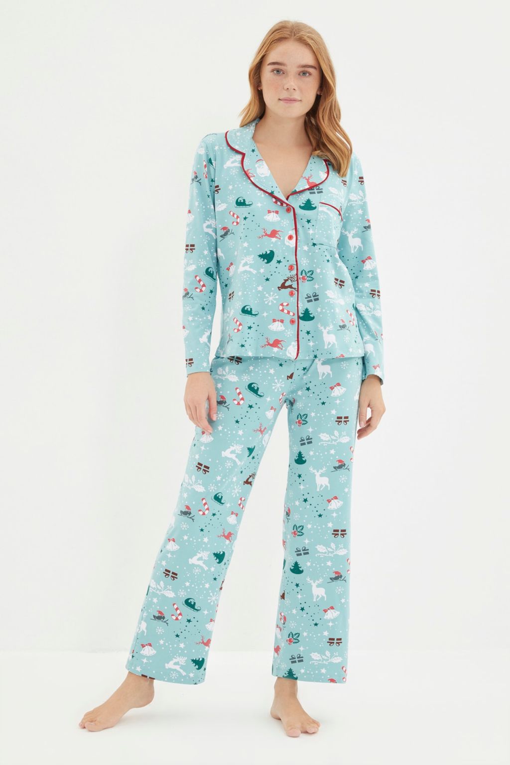 Turkuaz %100 Pamuk K?s Temal? Orme Pijama Tak?m? THMAW22PT1211 - Trendyolmilla фото 4