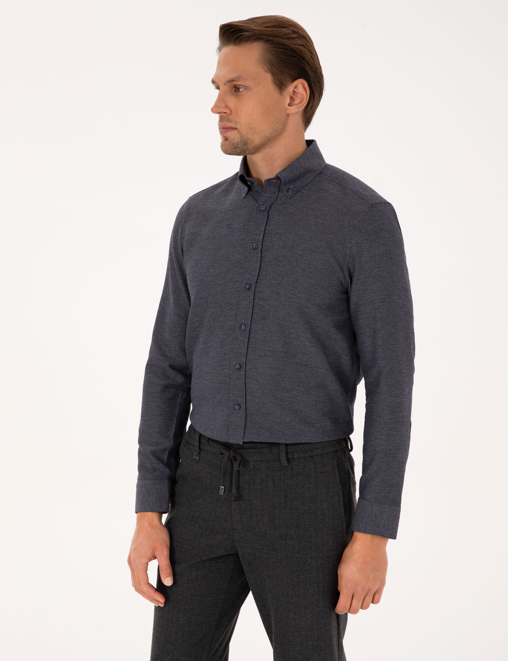 Lacivert Slim Fit Dokulu Uzun Kollu G_mlek