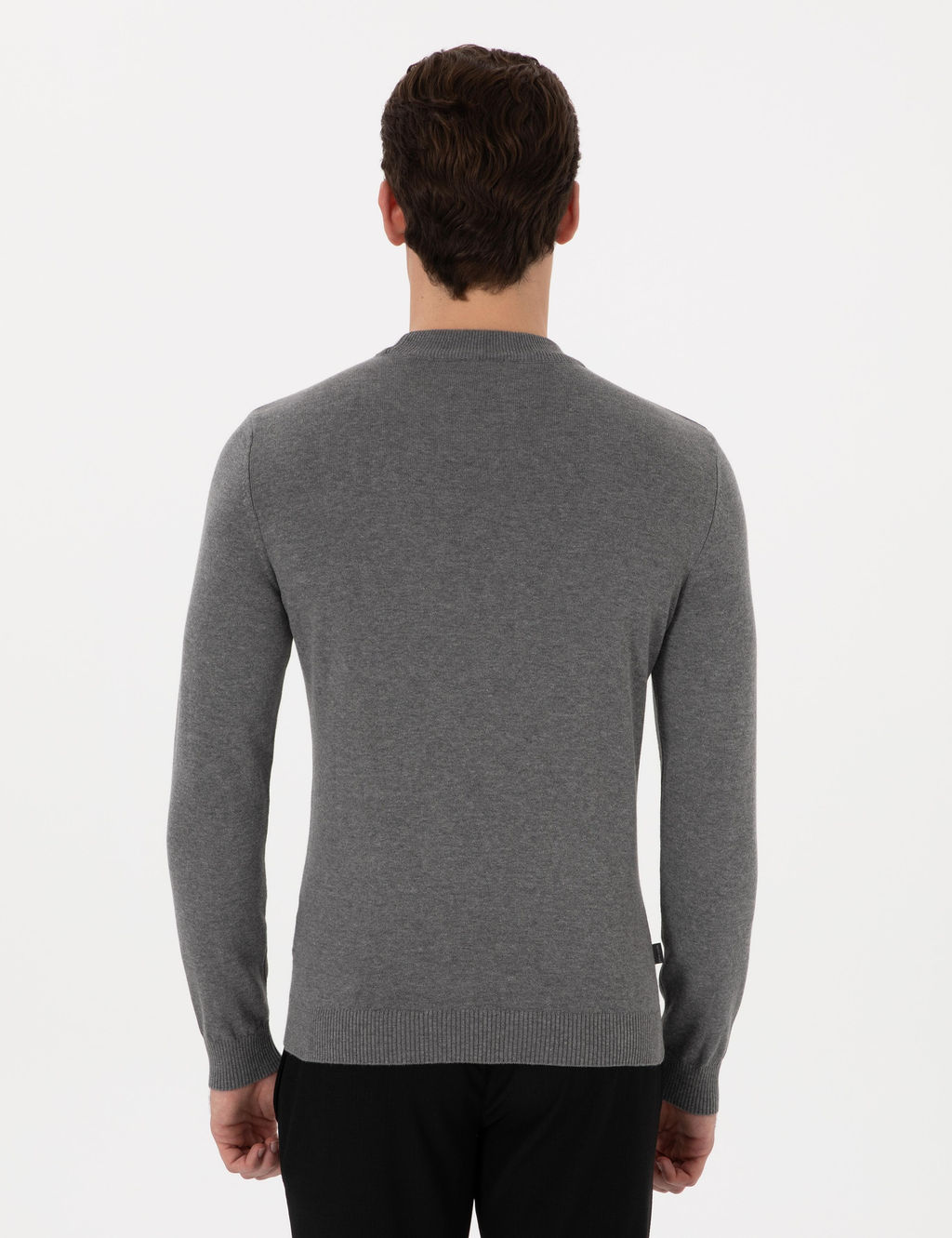 Gri Melanj Slim Fit _eyrek Yaka Basic Triko Kazak