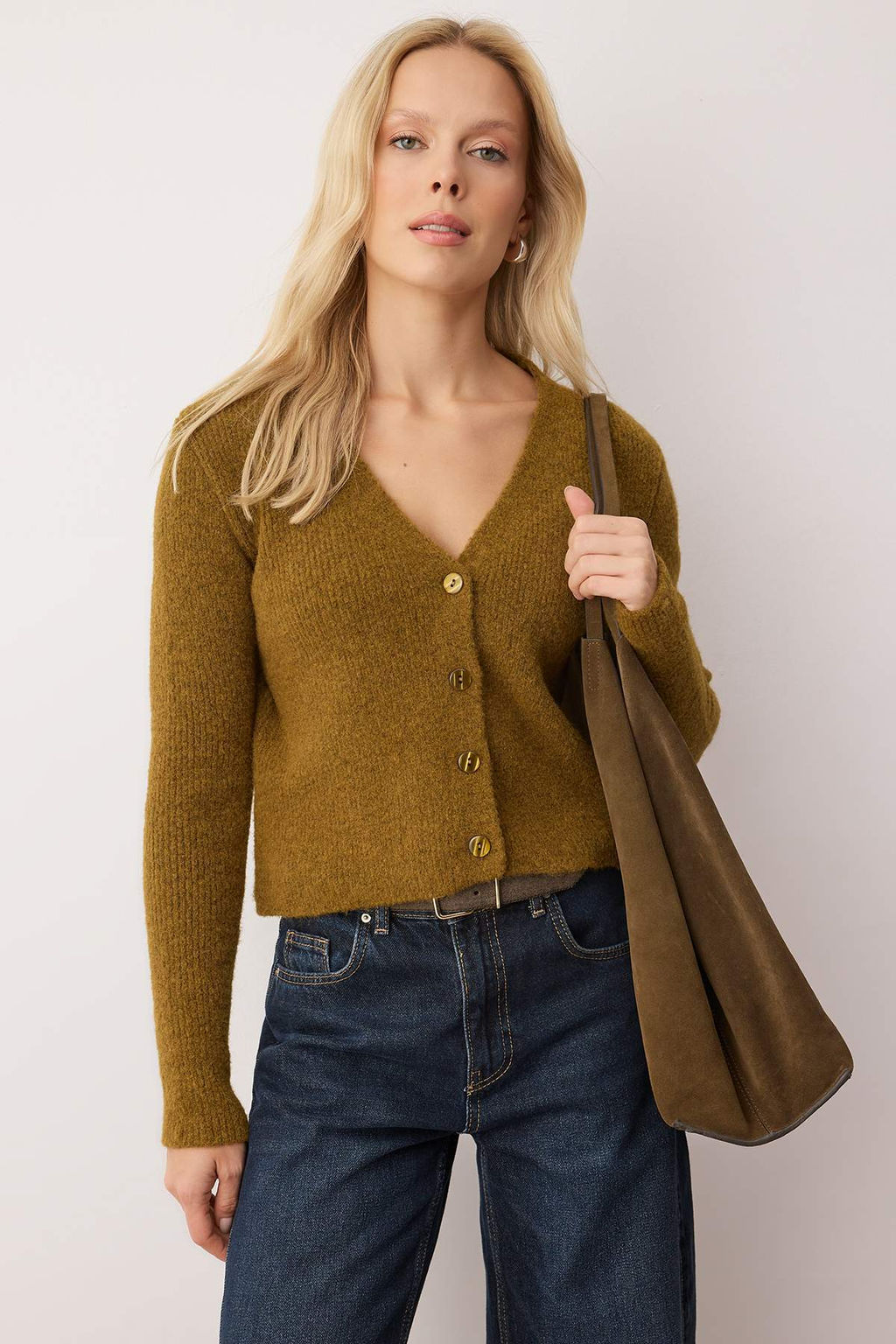 Yag Yesil Wardrobe Essentials Crop Dugme Detayl? Yumusak Dokulu Yunlu Triko H?rka TWOAW26HI00013