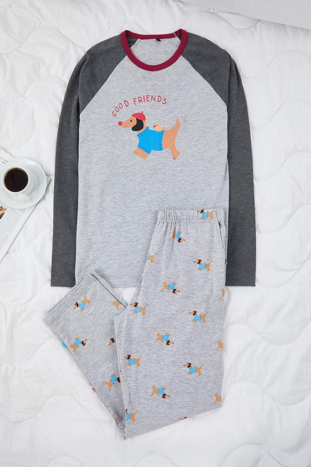 Cok Renkli Pamuklu Regular Kesim Kopek Bask?l? Reglan Kol Uzun Orme Pijama Tak?m? TMNAW26PT00047