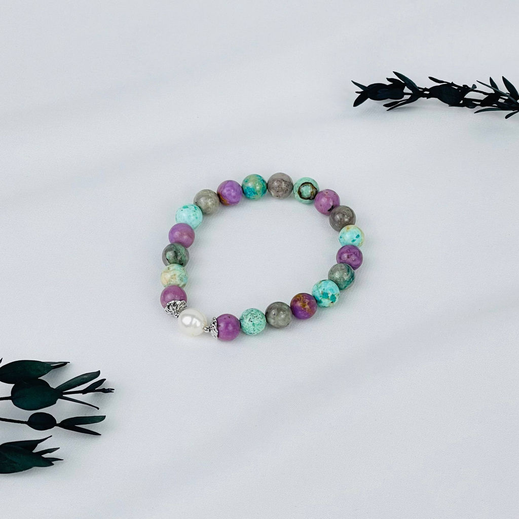 Браслет из Фосфосидерита, Варисцита и Жемчуга 18,5 см