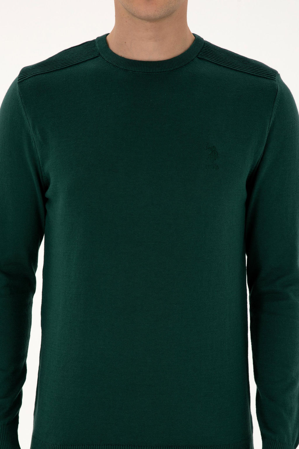 Erkek Slim Fit Bisiklet Yaka Ye_il Basic Kazak