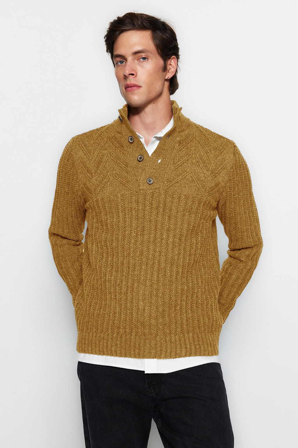 TRENDYOL MAN Ekru Unisex Regular Fit Yunlu Yar?m Bal?kc? Dugmeli Triko Kazak TMNAW22KZ0327 - Trendyolmilla фото 9