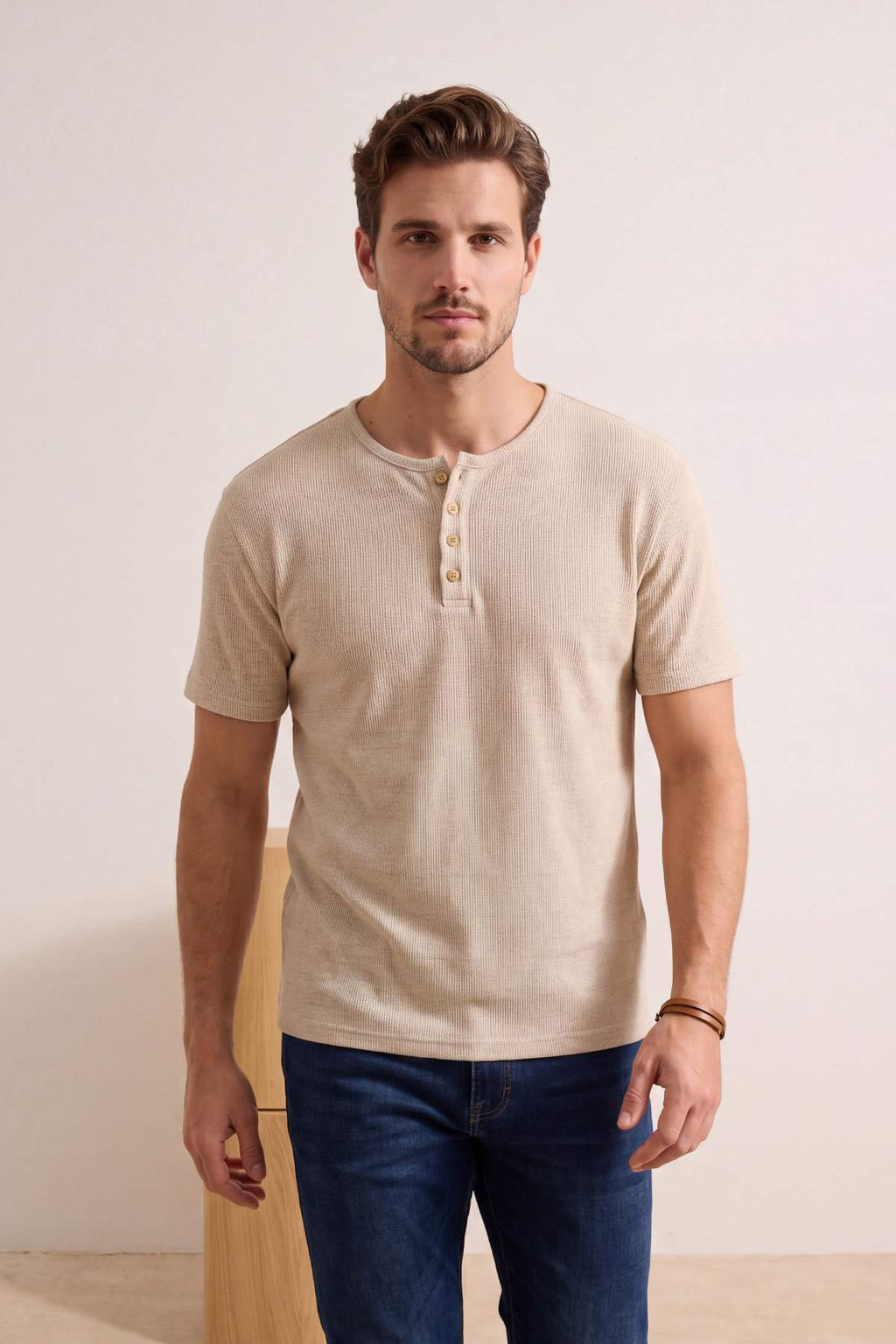 Bej Regular/Normal Kesim Dugmeli Dokulu Kaskorse T-Shirt TMNSS26TS00036 - Trendyolmilla фото 4