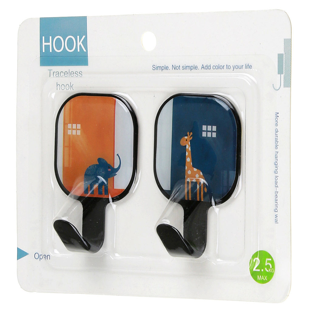 Крючок на липучке Животные металлический с ПВХ вставкой, 2 штуки, 6,7х4,5х2,5см, форма квадрат, в блистере (Китай)