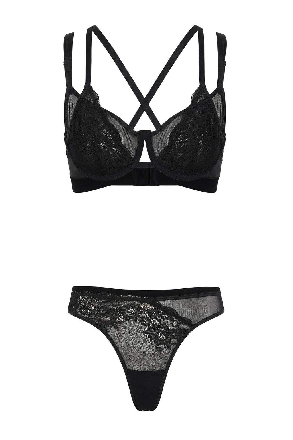 Siyah Dantel/Tul Capraz Baglama Detayl? Kaps?z Balenli Ic Camas?r? Tak?m? THMSS26CC00013 - Trendyolmilla фото 2