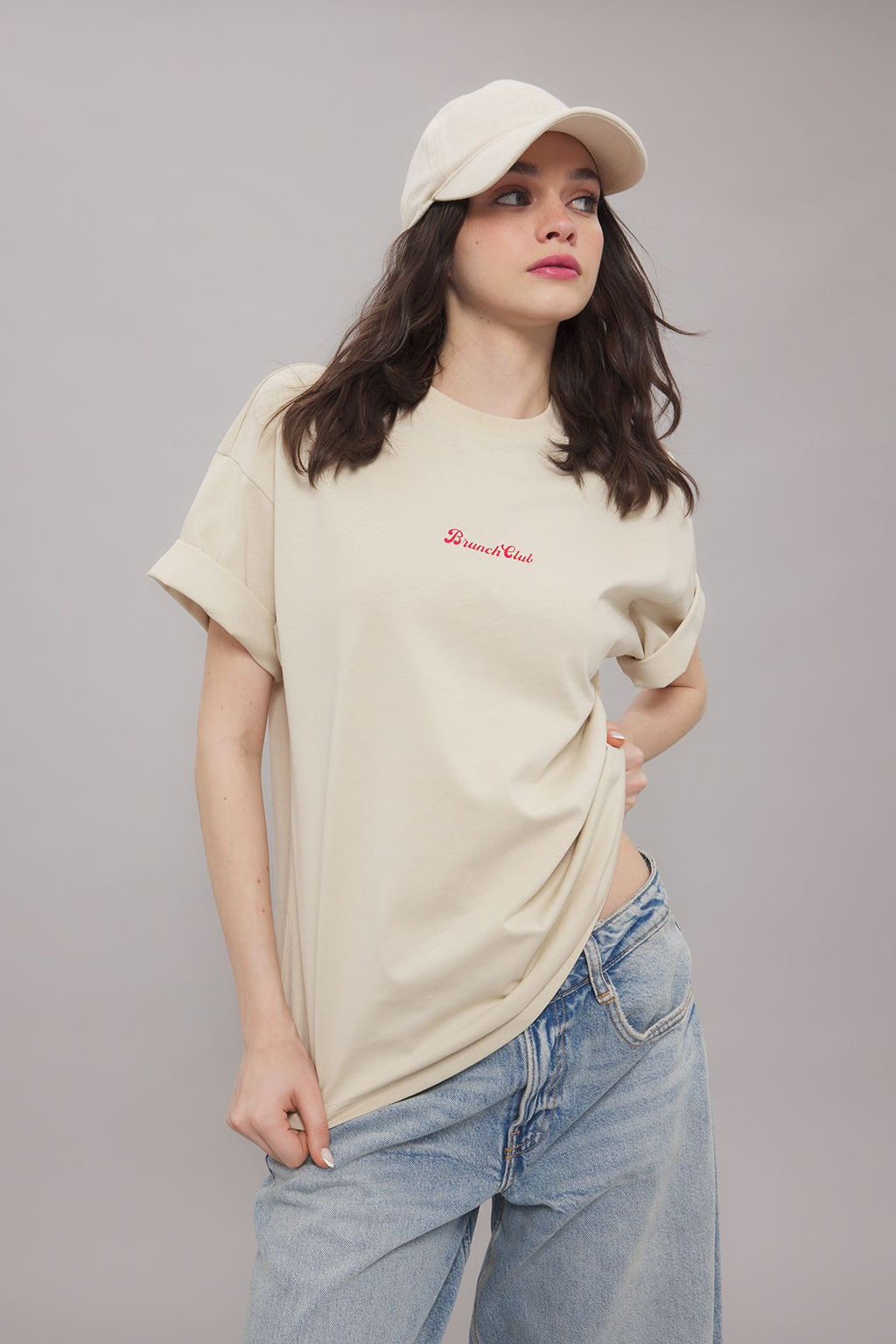 TRENDYOLMILLA Tas On ve Arka Bask?l? Oversize/Genis Kal?p Orme T-Shirt TWOSS25TS00123 фото 4