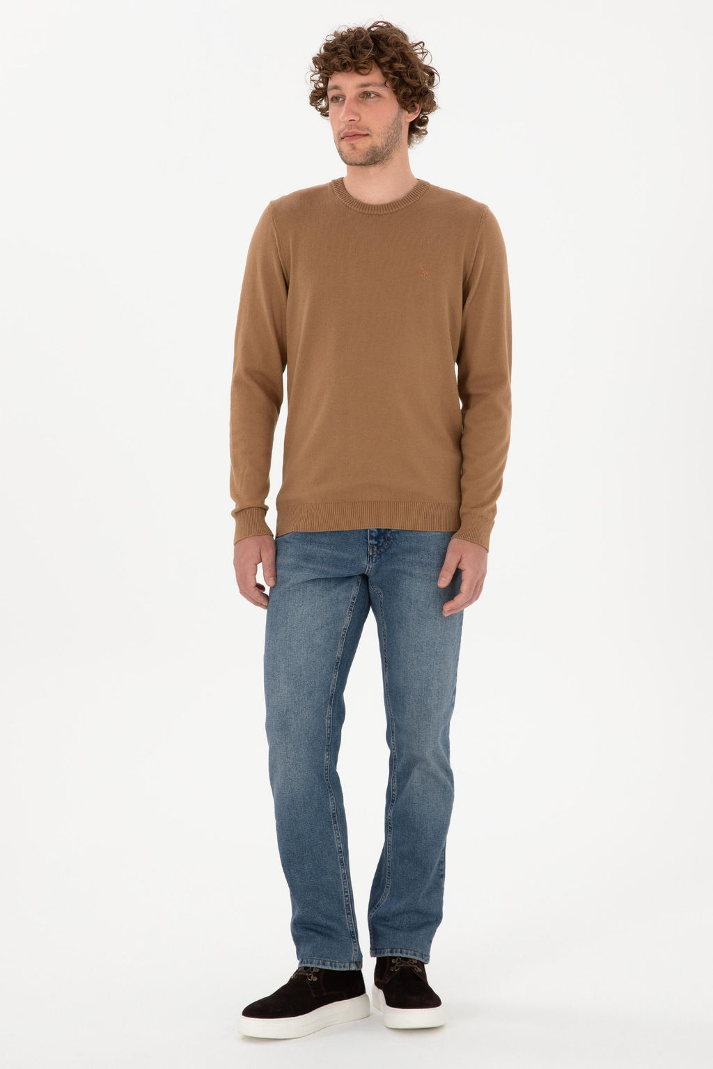 Erkek Slim Fit Bisiklet Yaka Camel Basic Kazak - U.s. polo assn фото 4
