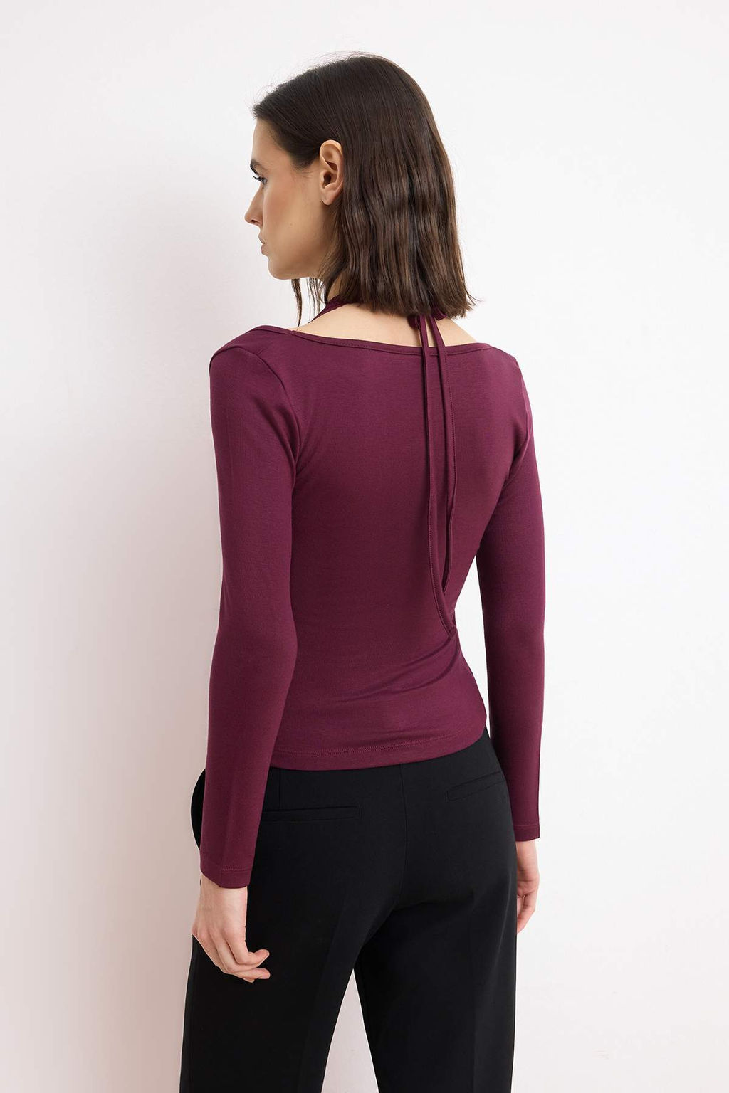 Bordo Fitted/Vucuda Oturan Havuz Yaka Uzun Kollu Yumusak Orme Bluz TWOSS26BZ00660