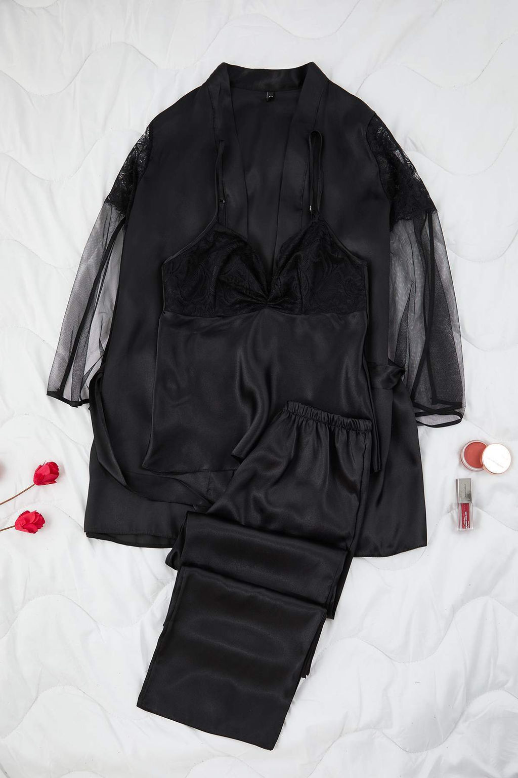 Siyah 3lu Ceyiz Set Saten Dokuma Pijama Tak?m? THMAW26PT00199