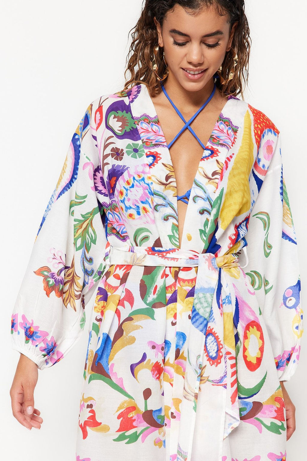 Cicek Desenli Kusakl? Mini Dokuma Balon Kollu %100 Pamuklu Plaj Kimono&Kaftan TBESS22KM0022 - Trendyolmilla фото 4