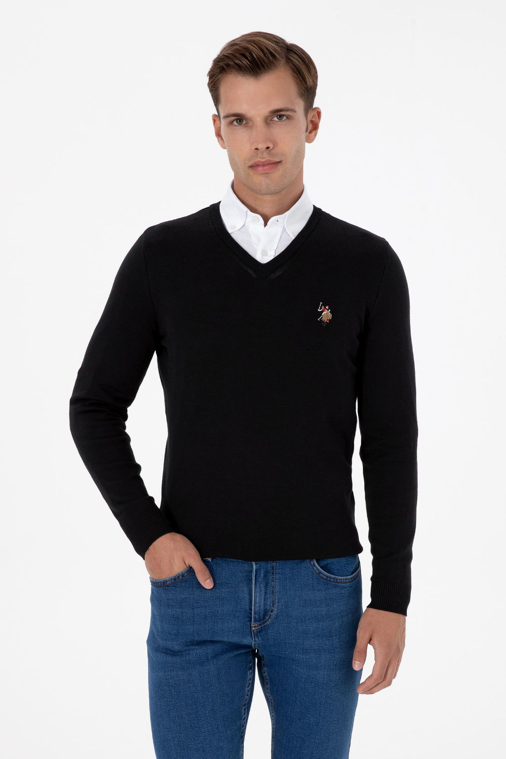 Erkek Slim Fit V Yaka Siyah Basic Kazak