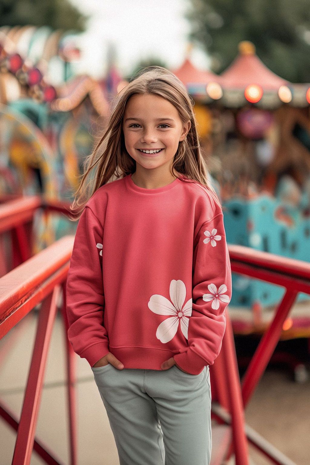 Fusya K?z Cocuk Mevsimlik-Ince Cicek Desenli Orme Sweatshirt TKDAW25SW00001