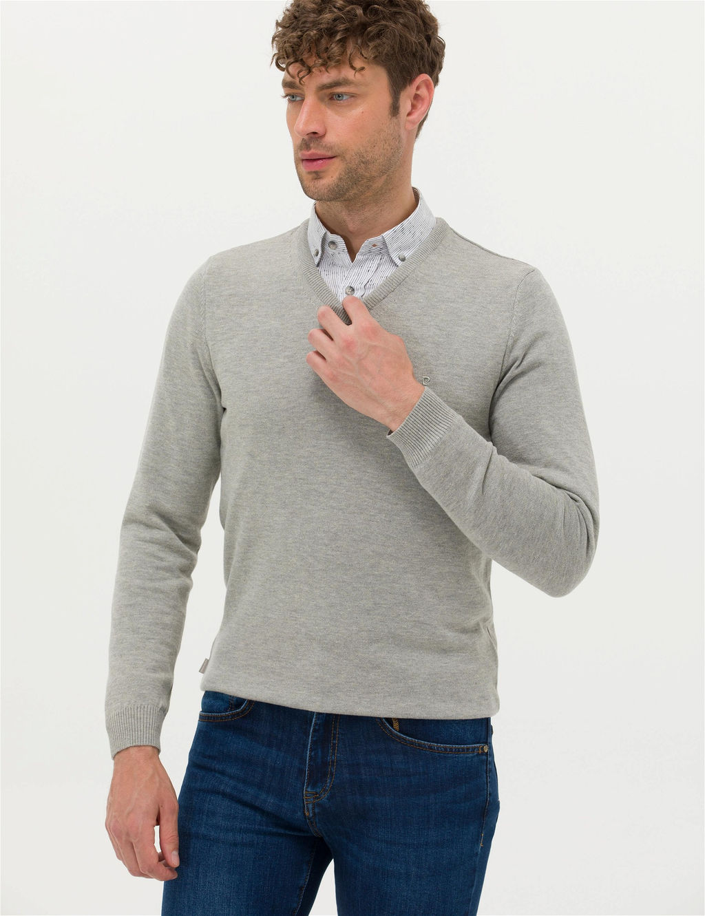 A__k Gri Melanj Slim Fit V Yaka Basic Triko Kazak