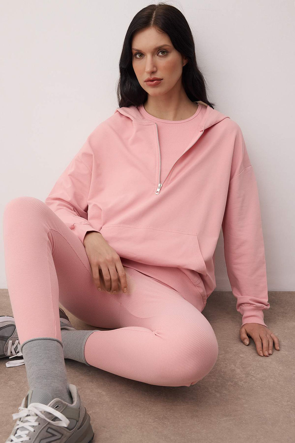 Gul Kurusu 3lu Oversize/Genis Kal?p Kapusonlu Taytl? Orme Alt - Ust Tak?m TWOAW26AU00151