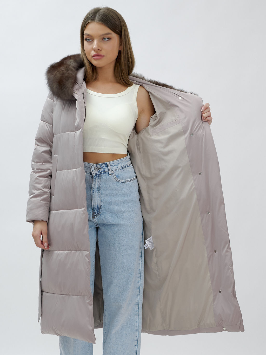 с мехом песец люкс класса Пальто зимние Бренд Visdeer, бежевого цвета  фото 18