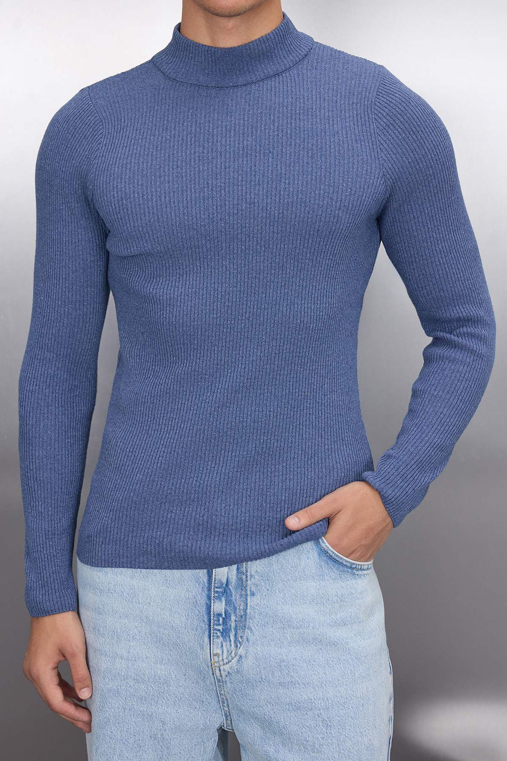 Indigo Fitted Dar Kal?p Pamuklu Yar?m Bal?kc? Yaka Fitilli Triko Kazak TMNAW21KZ0568