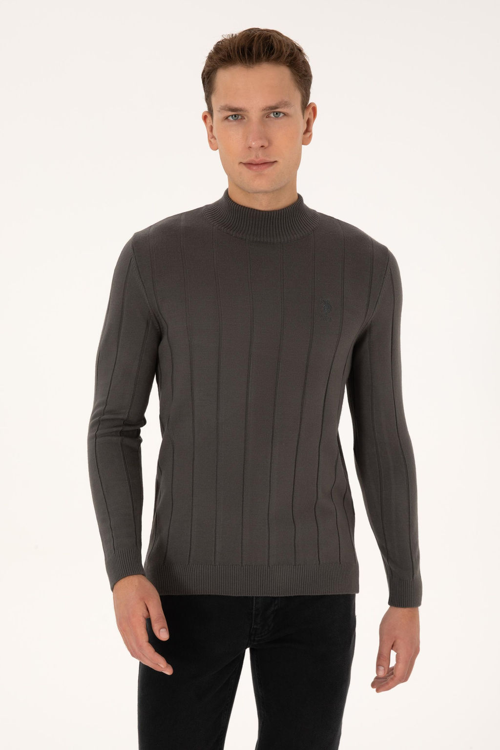 Erkek Slim Fit Yar_m Bal_k__ Yaka Gri Kazak