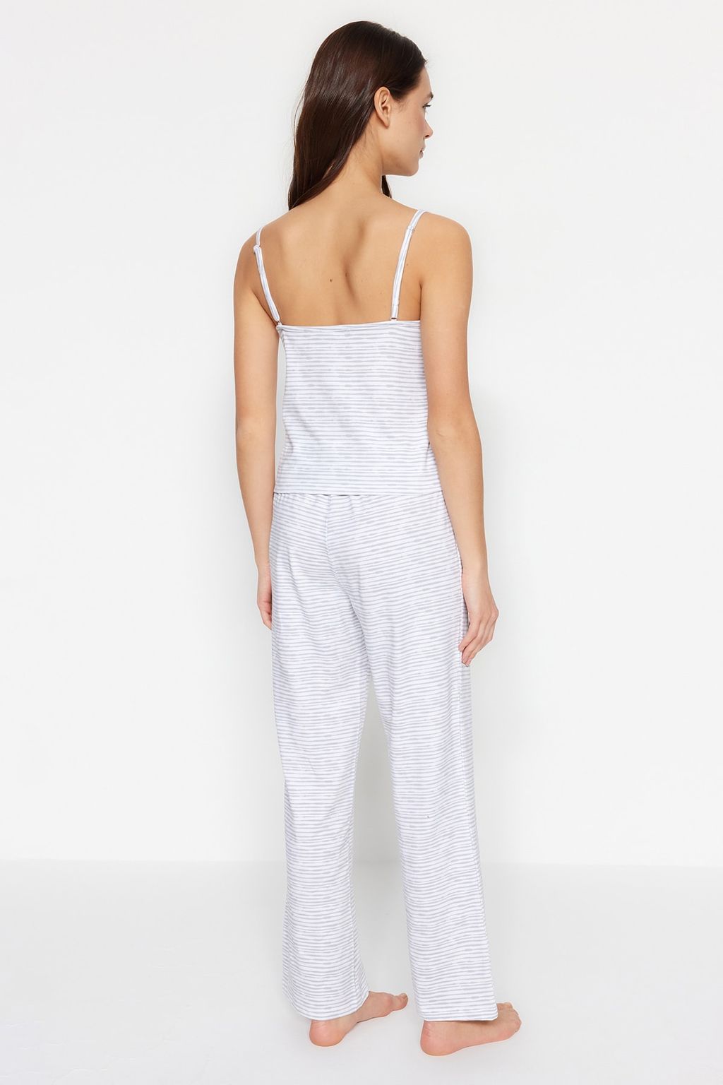 Trendyolmilla Pudra Pamuklu Cizgili Dantelli Ip Ask?l? Orme Pijama Tak?m? THMSS23PT00227 фото 16