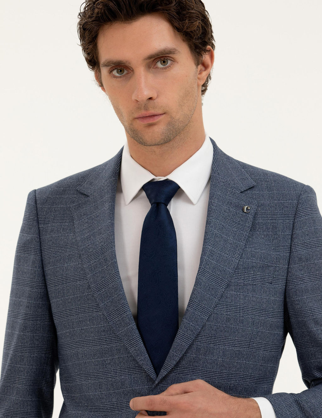 Mavi Slim Fit Kareli Tak_m Elbise