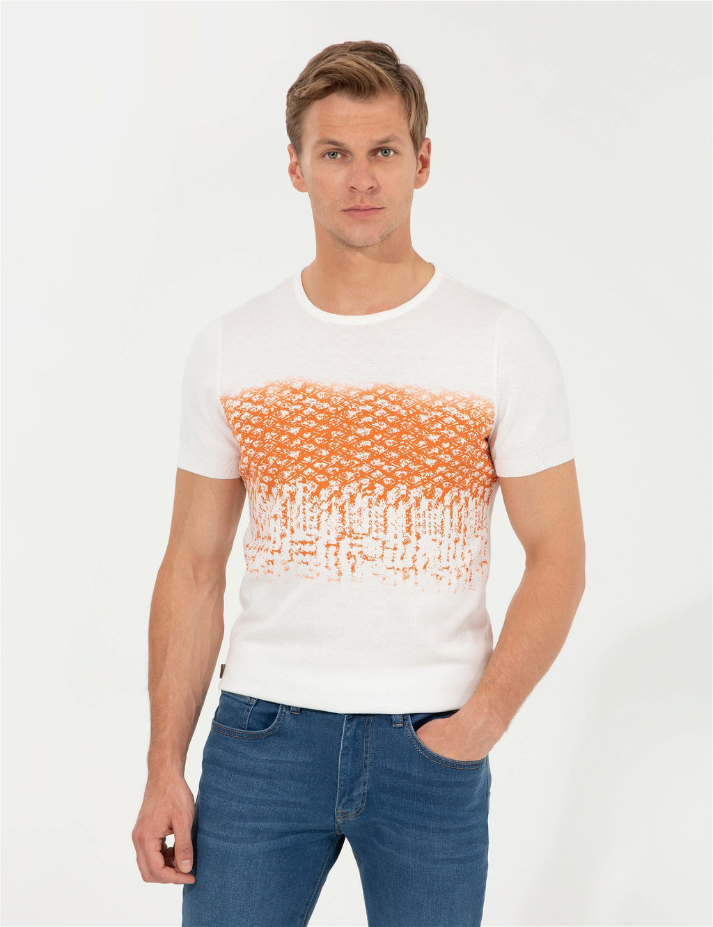 Ekru Slim Fit Bisiklet Yaka Triko Ti__rt - Pierre cardin фото 2