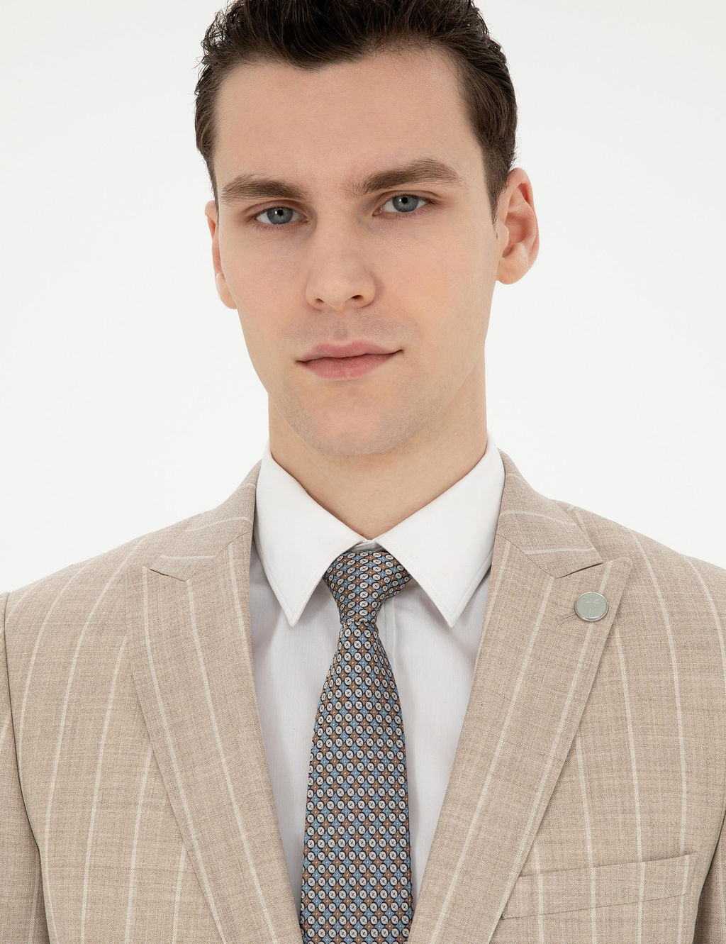 Bej Ekstra Slim Fit _izgili Y_n Tak_m Elbise