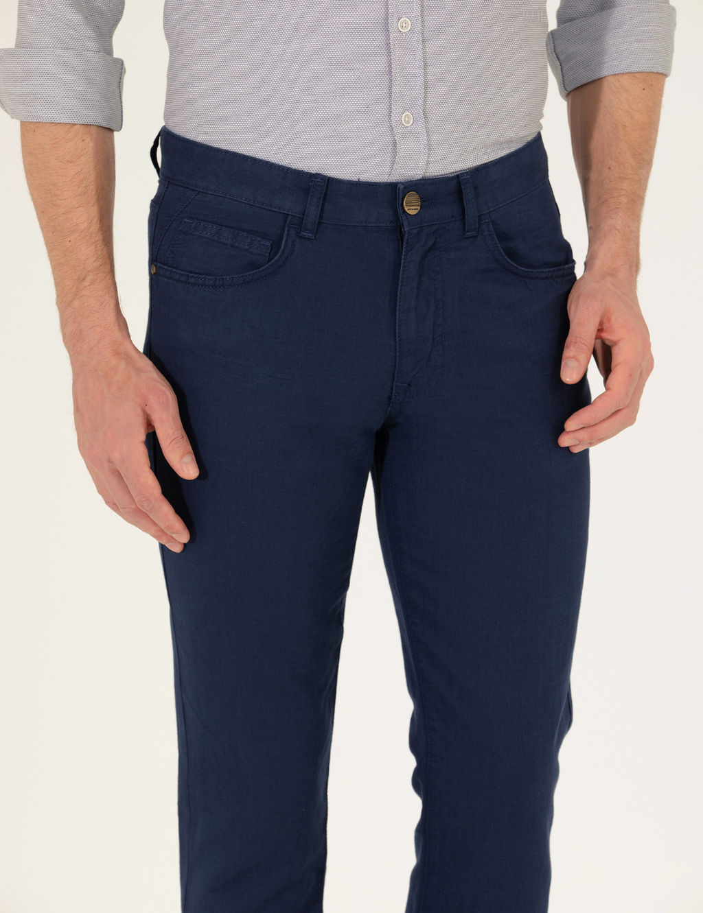 Lacivert Slim Fit Keten Kar___ml_ Kanvas Pantolon
