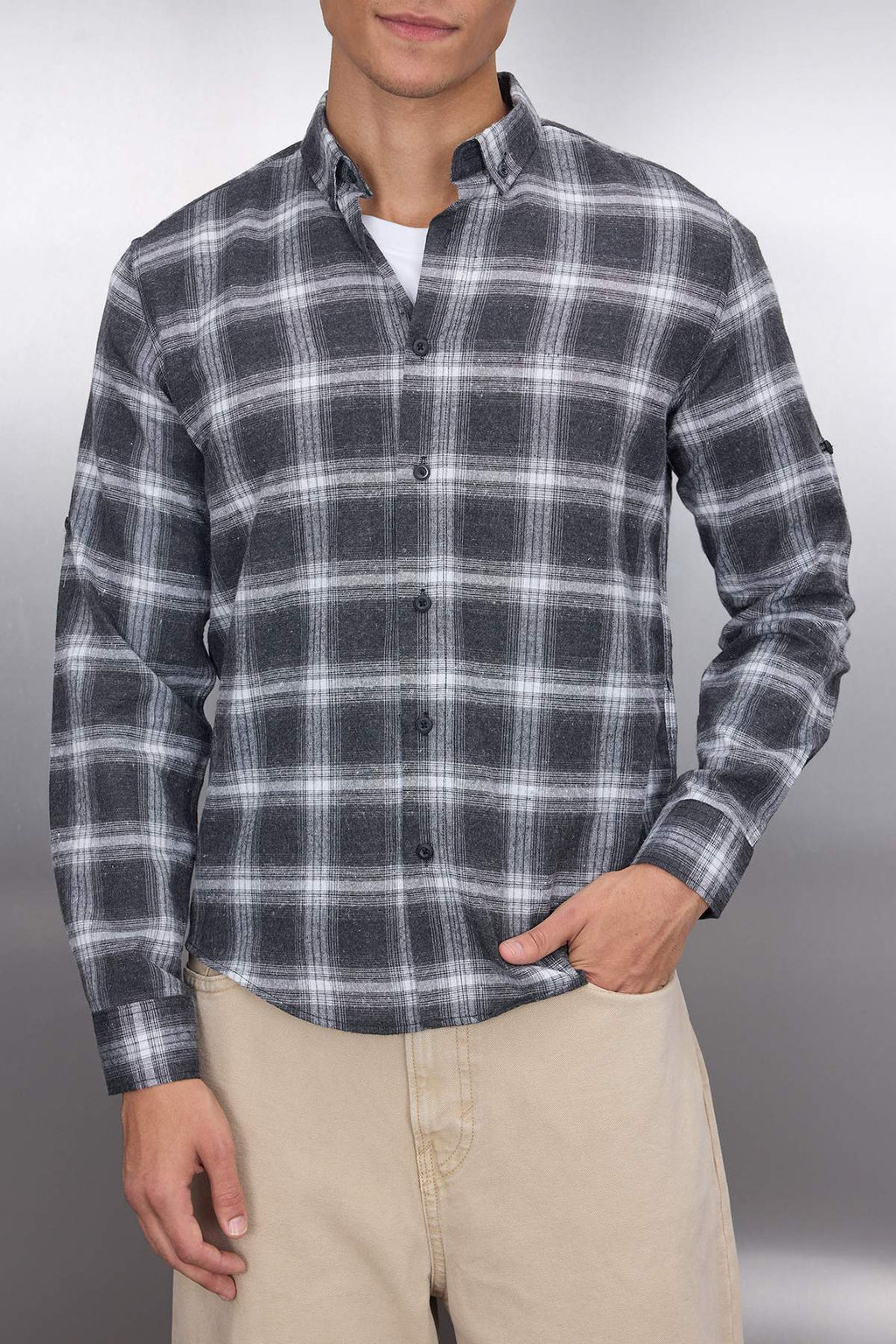 TRENDYOL MAN Gri Slim Fit Dugmeli Yaka Apoletli K?sl?k Oduncu Kareli Gomlek TMNAW22GO0357 - Trendyolmilla фото 3