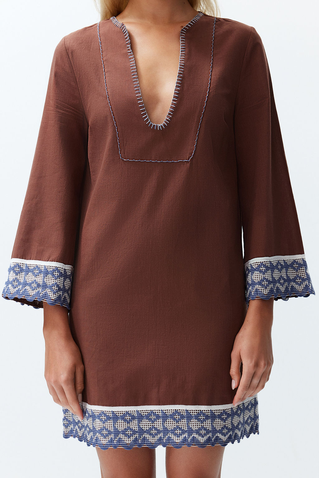 KahverengI Mini Dokuma Serit Aksesuarl? %100 Pamuklu Plaj Elbisesi TBESS24EL00094