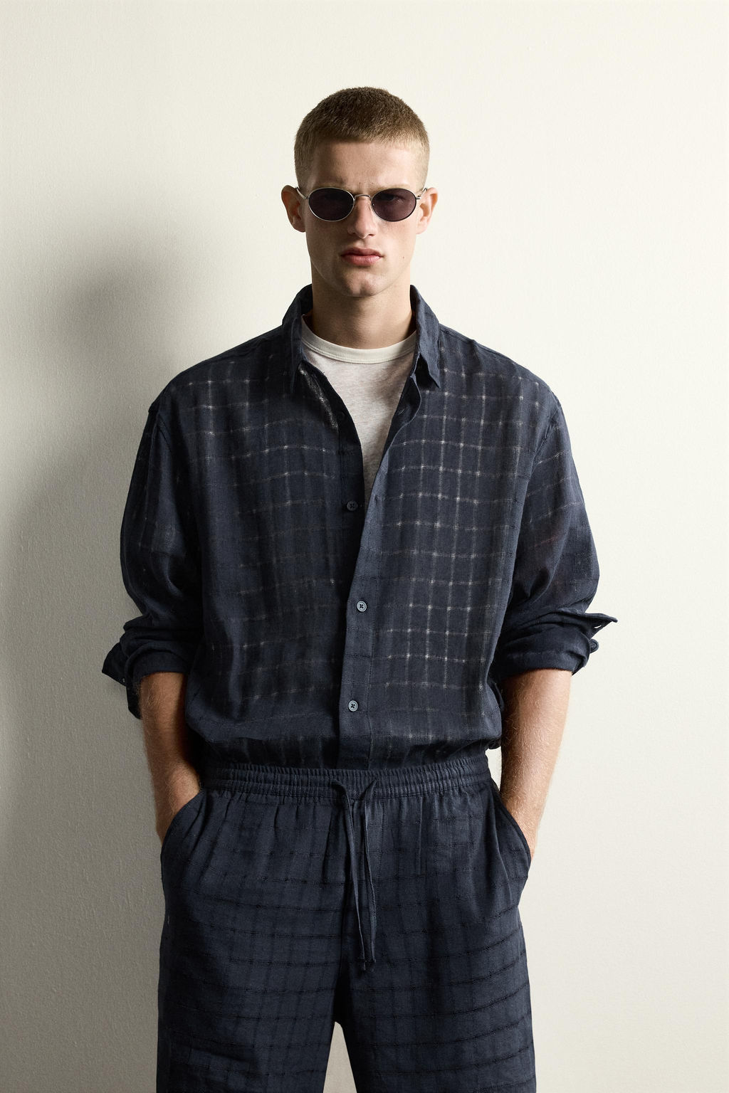 CAMISA RELAXED FIT JACQUARD CUADROS LINO - ALGOD?N / Marino - Zara фото 2